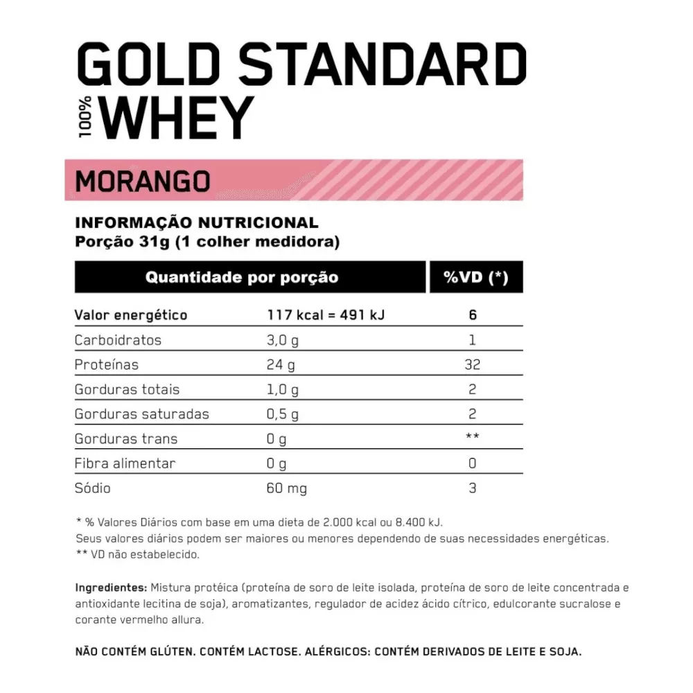 100% Whey Optimum Nutrition Gold Standard Morango 907g - 2 Lbs - Globalbev
